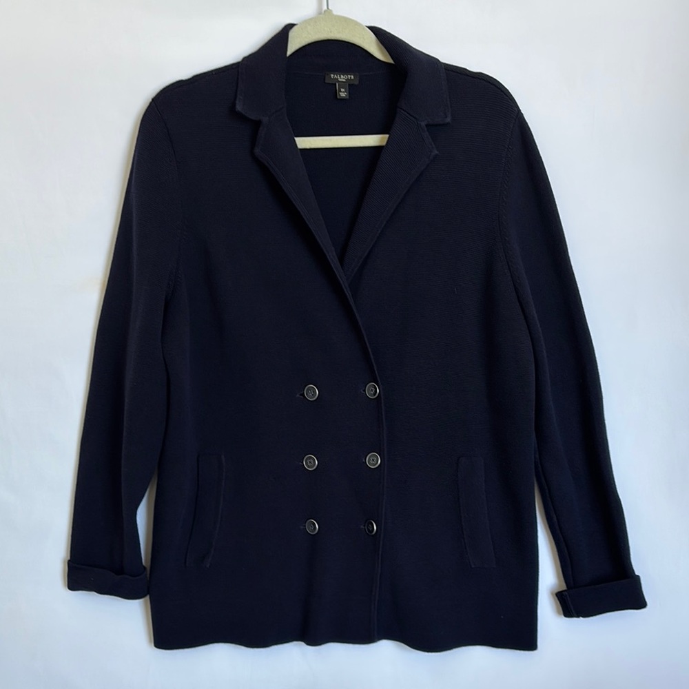 Talbots Women’s Sz 1X Navy Blue Double Breasted Knit Sweater Jacket with Pockets